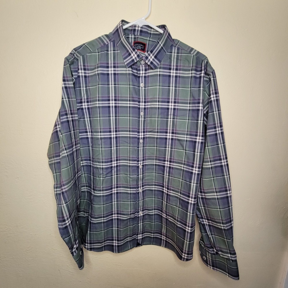 UNTUCKit Mens Large Shirt Long Sleeve Button-Front 100% Cotton Green +Blue Plaid